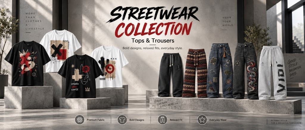 Streetwear Collection — tops and trousers. Shop Fashion at RNH Imports.